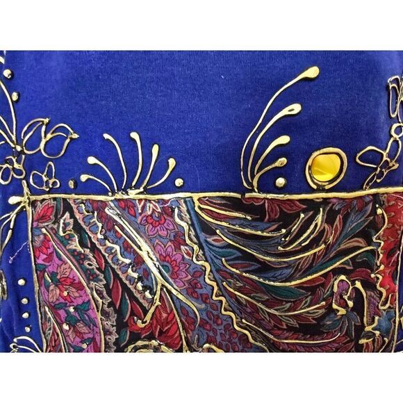 VTG Handpainted Blue T-Shirt With Paisley Design & Gold Accents Wearable art - Picture 4 of 7